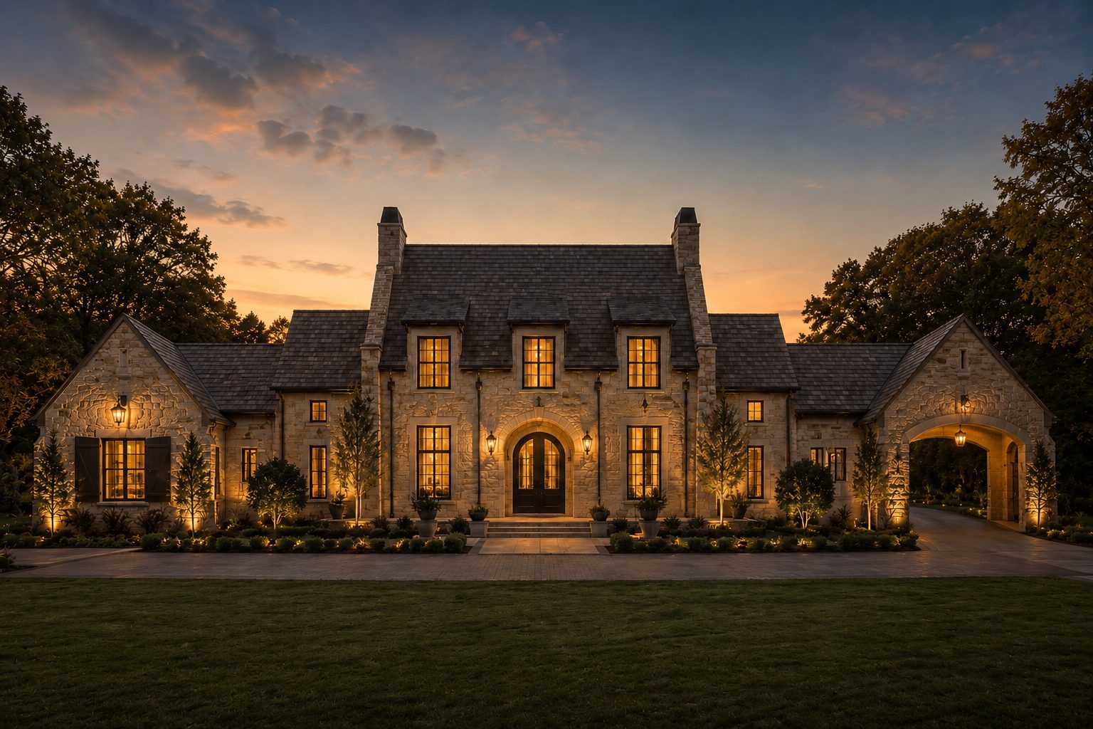 Luxury stone home at dusk with warm lit windows
